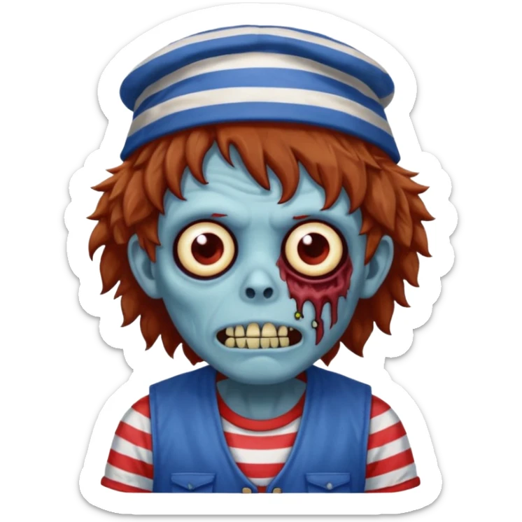 brown fluffy hair zombie with blue and white hat dark blue jilet red t shirt sticker
