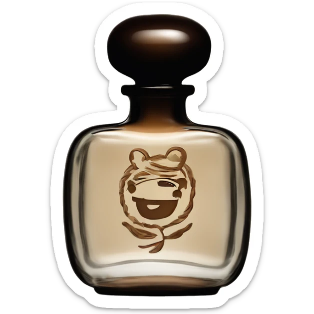 English vintage glass perfume bottle from my old grandma, old and shabby, stylish and minimalistic, black and brown sticker