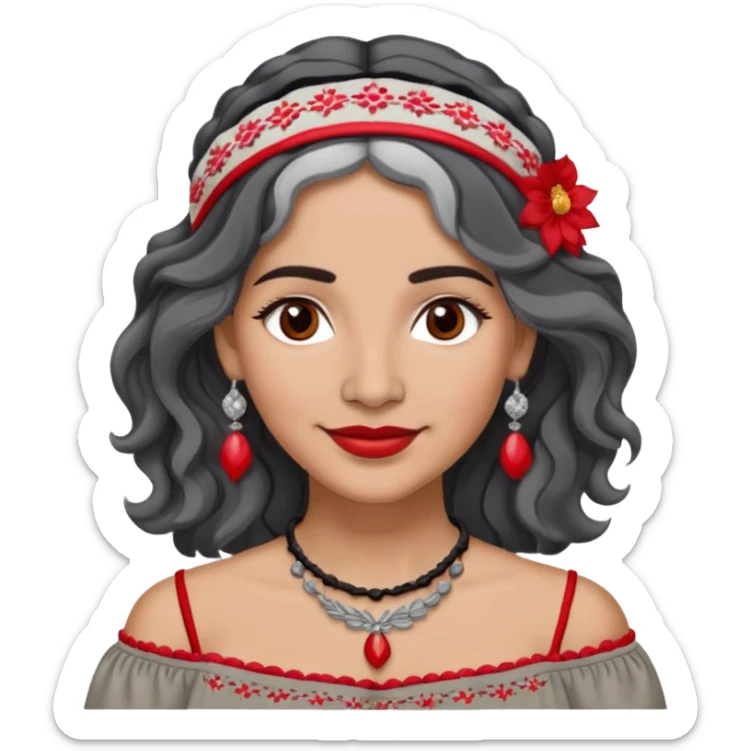 Latina woman, about 50, light brown skin, round face, wavy shoulder-length black and gray hair, red/white headband, medium eyes, thin eyebrows, subtle smile, gray peasant blouse, embroidery, bare shoulders, big dark necklace sticker