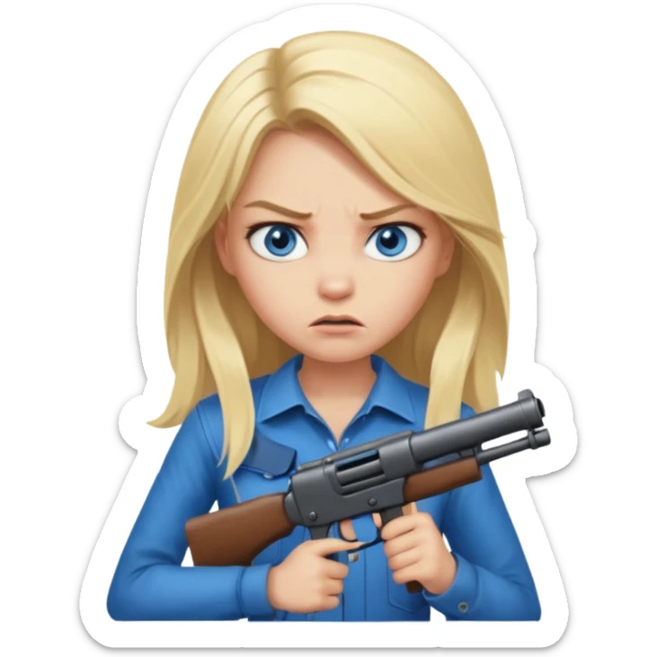 Beautiful  blue eye blonde Long Hair Gangsta girl Looks angry  with a big gun sticker