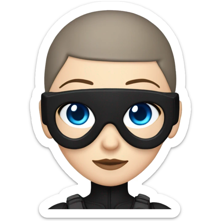 white girl, blue eyes, buzzcut hair, all black ninja outfit, drone goggles on top of head sticker