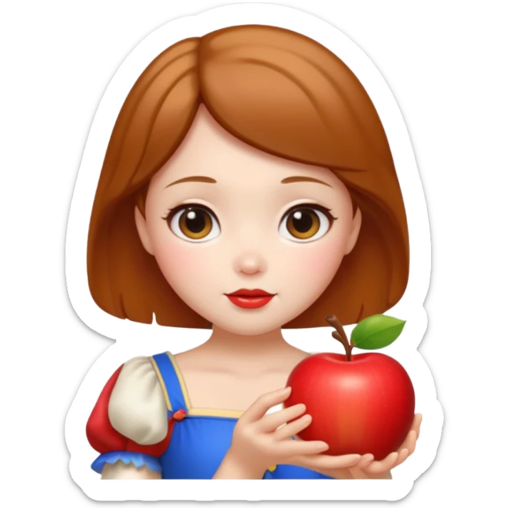 Create an emoji of Snow White holding a red apple, with short golden-brown hair Please create it in a super cute Japanese kawaii emoji style. sticker