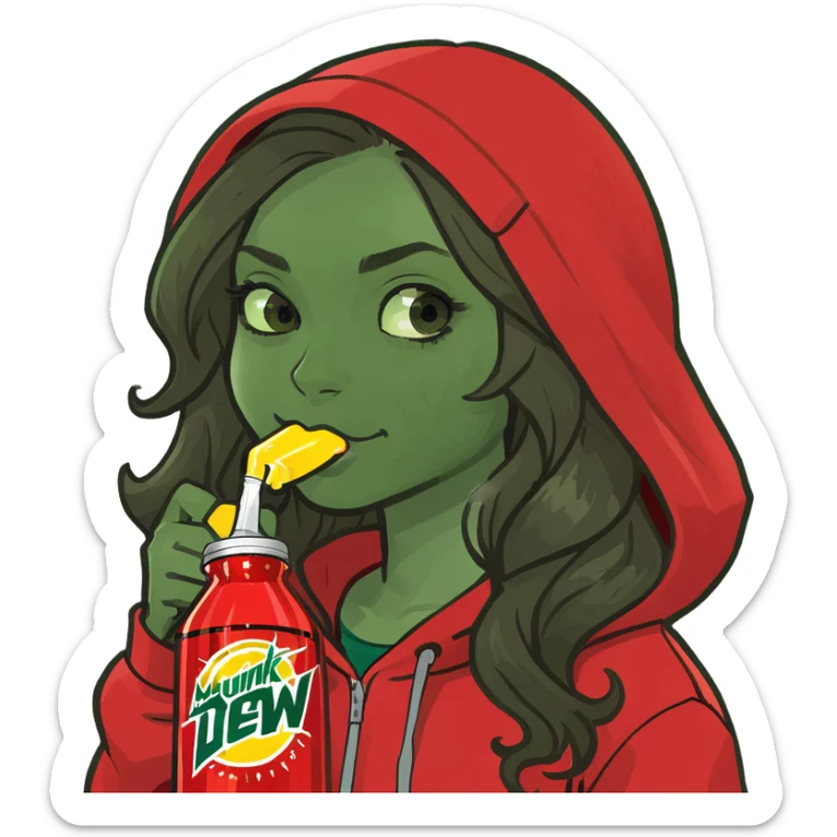 A girl with long brown wavy hair light brown skin wearing red hoodie and drinking Mountain Dew  sticker