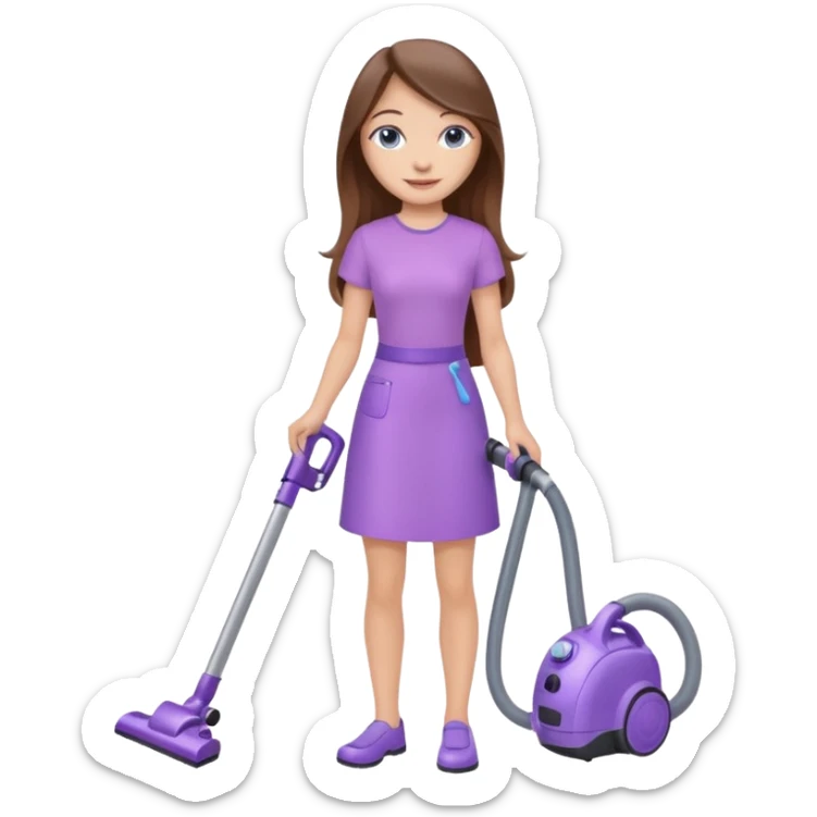 beautiful girl with long brown hair, blue eyes and wearing light purple clothes, cleaning and vacuuming sticker