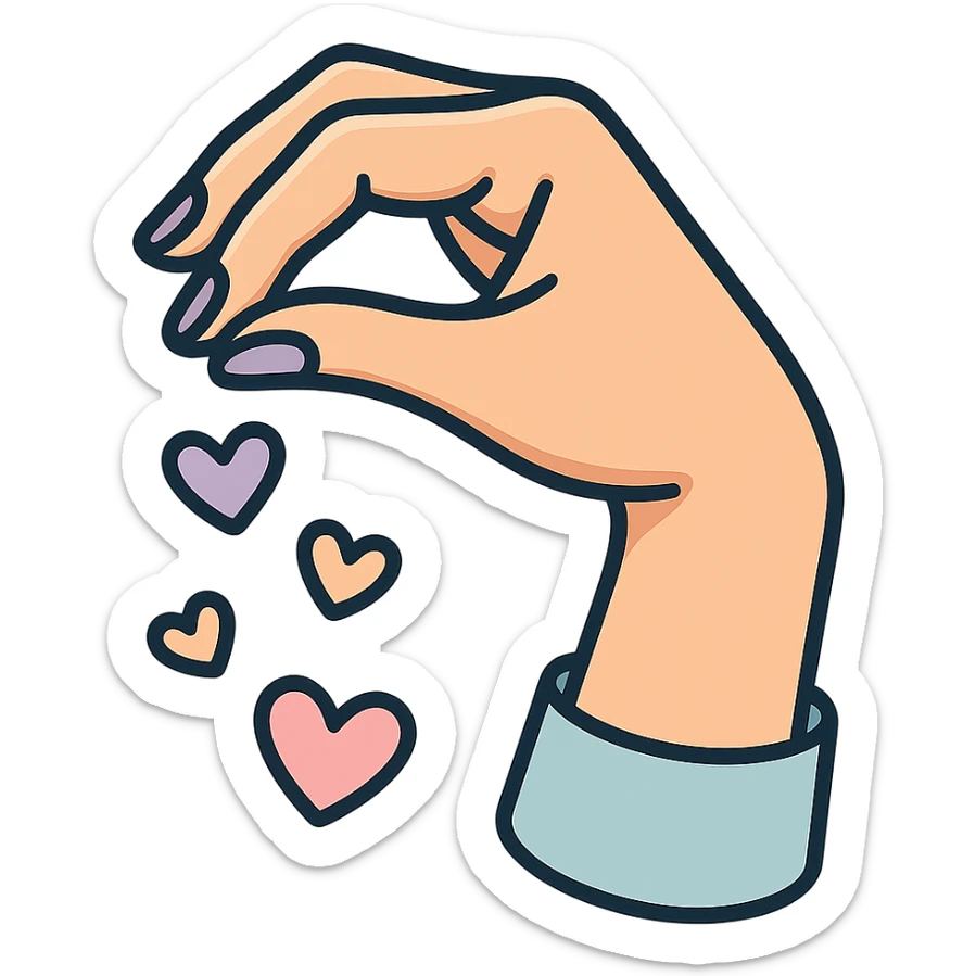 female hand sprinkling hearts like seasoning, icon-color-outlined style, detailed hand anatomy, detailed shadows and highlights, thin clean contours, soft rounded shapes, pastel palette #98B5BC, #B5B3C1, #C9A3C9, #E4C0CA, #F7DCD1, #F7C0AA, modern Japanese pop art and sticker aesthetic, soft lighting, transparent background sticker