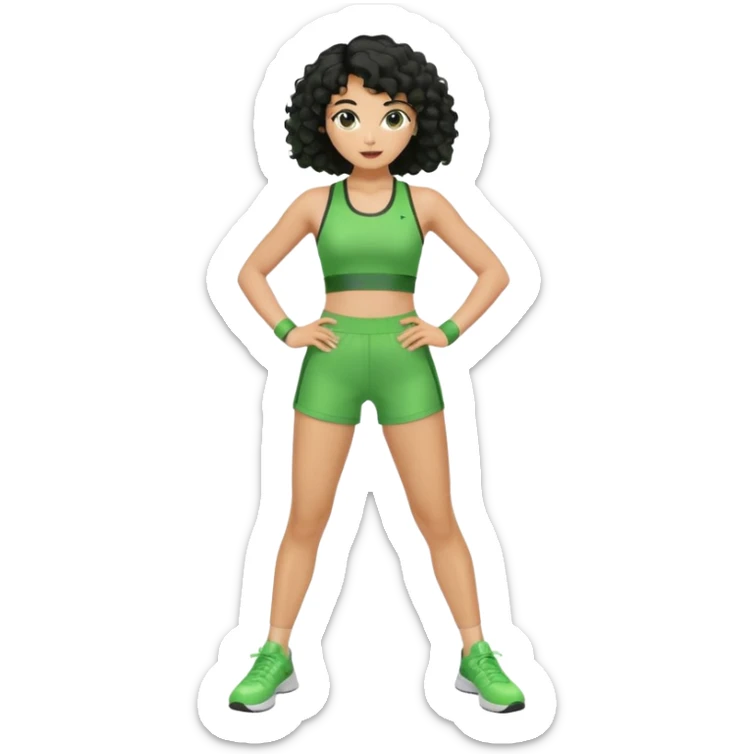 woman with olive skin and curly black hair wearing a green workout outfit (shorts) and standing in a disco pose sticker
