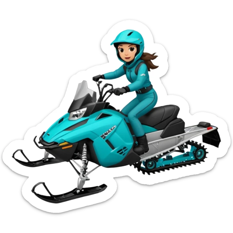 Can you create an emoji of a brunette girl on a teal polaris khaos 850 155 snowmobile action shot sticker