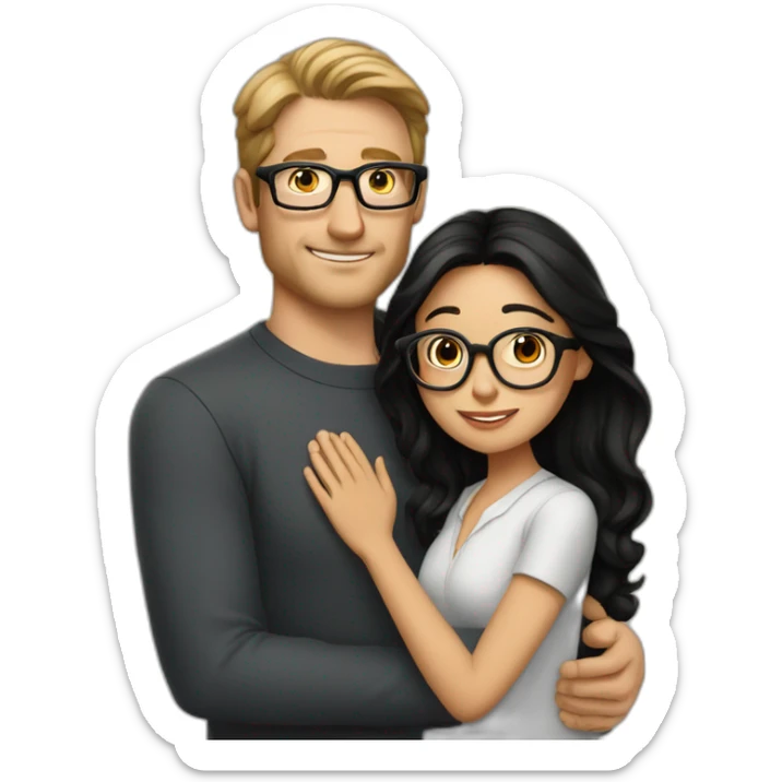 Tall white man no glasses brown hair hugging small latina long black hair square glasses sticker