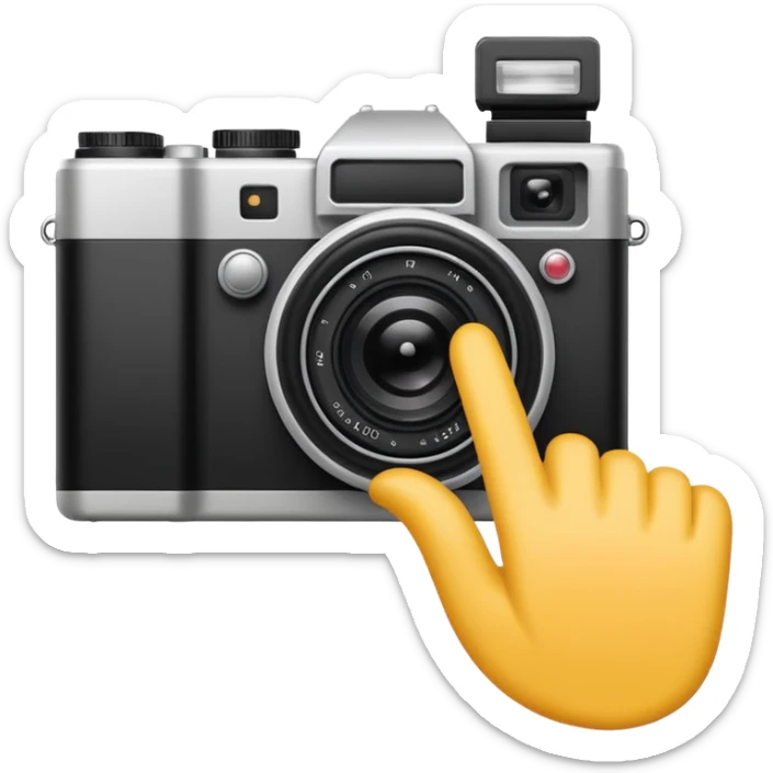 Minimalist emoji-style sticker of a photo camera ejecting a photo, but a hand comes out instead. Black and white, surreal icon. sticker