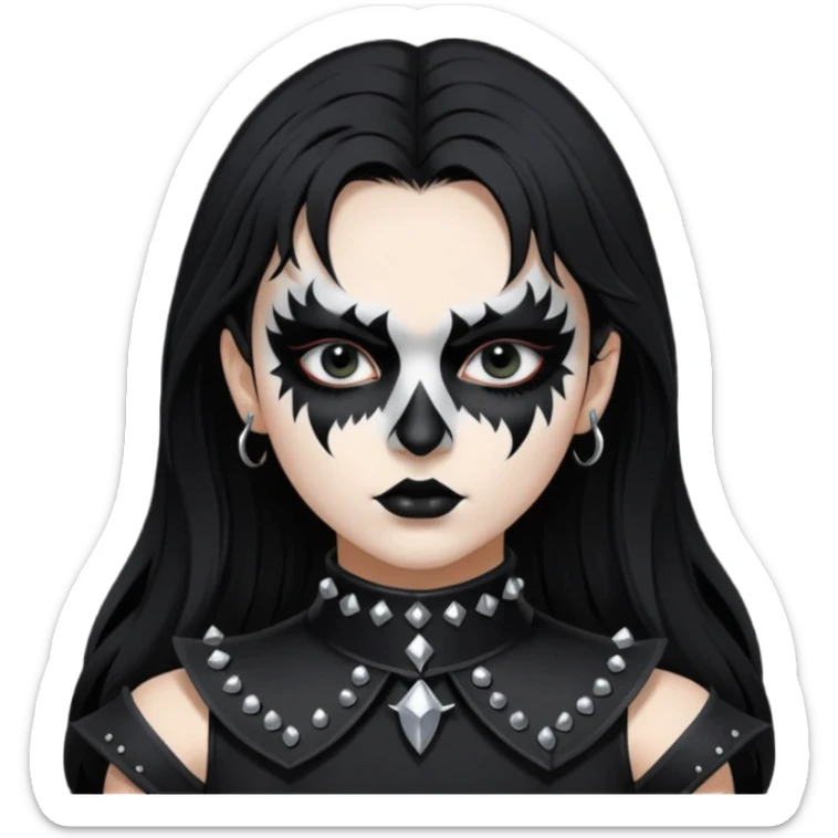 Crea una ragazza con stile black metal,  paint face black metal, capelli neri mossi dalle spalle e occhi bianchi e un collare con borchie a punta sticker