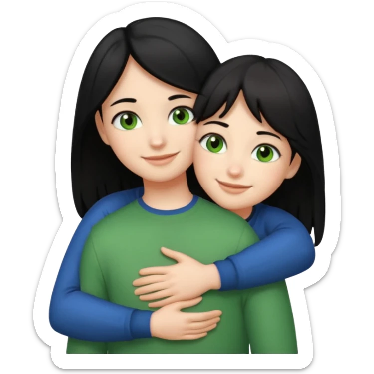 a girl with black hair and green eyes hugging a boy with brown hair and brown eyes, both smiling, emoji style sticker