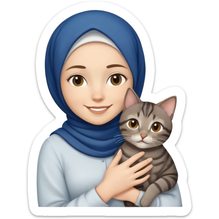 White girl wearing dark blue hijab with white shirt smiling while holding a black grey brown tabby cat sticker