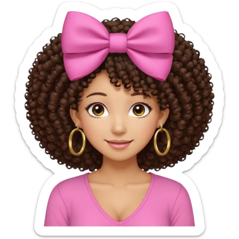 Naturally tan skin girl short darkBrown curly afropink shirt very long lashes hoop gold earrings Brown eyes gyaru smiling closed mouth cute bow hairclip small on the side. V neck pink shirt. Teenager sticker