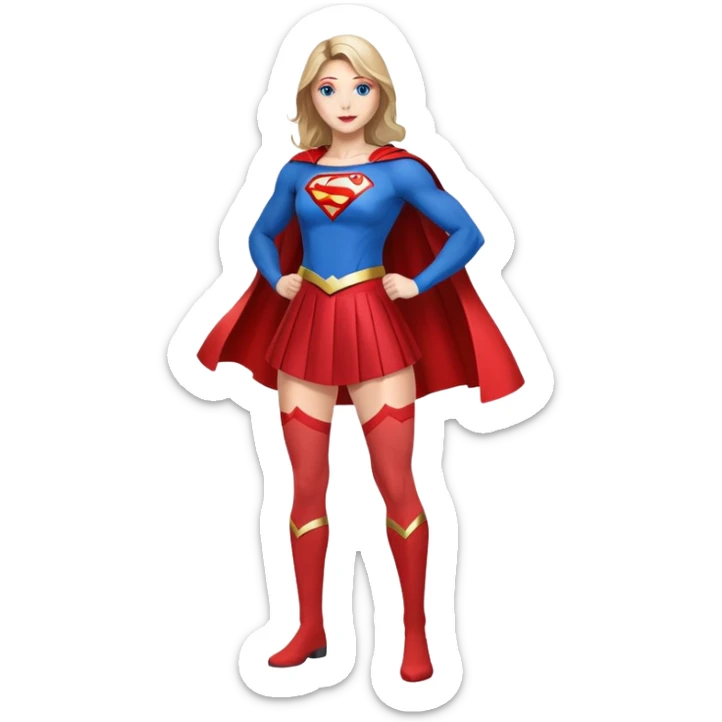 Supergirl superhero full body, blue tights with red skirt, red cape and S emblem on chest sticker