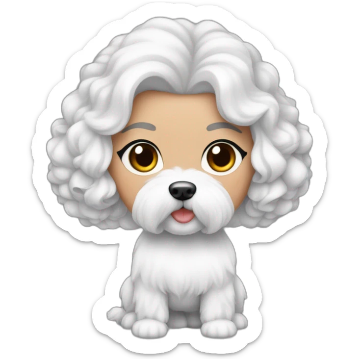 mujer piel blanca cabello negro con peinado de moño y perro bichon maltés blanco sticker