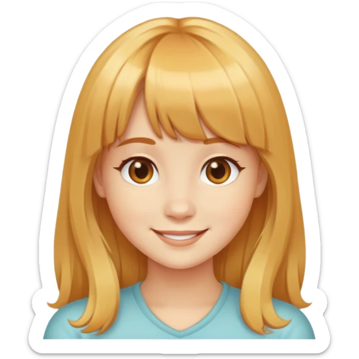 smiling girl with honey-colored hair, bangs, and long hair sticker