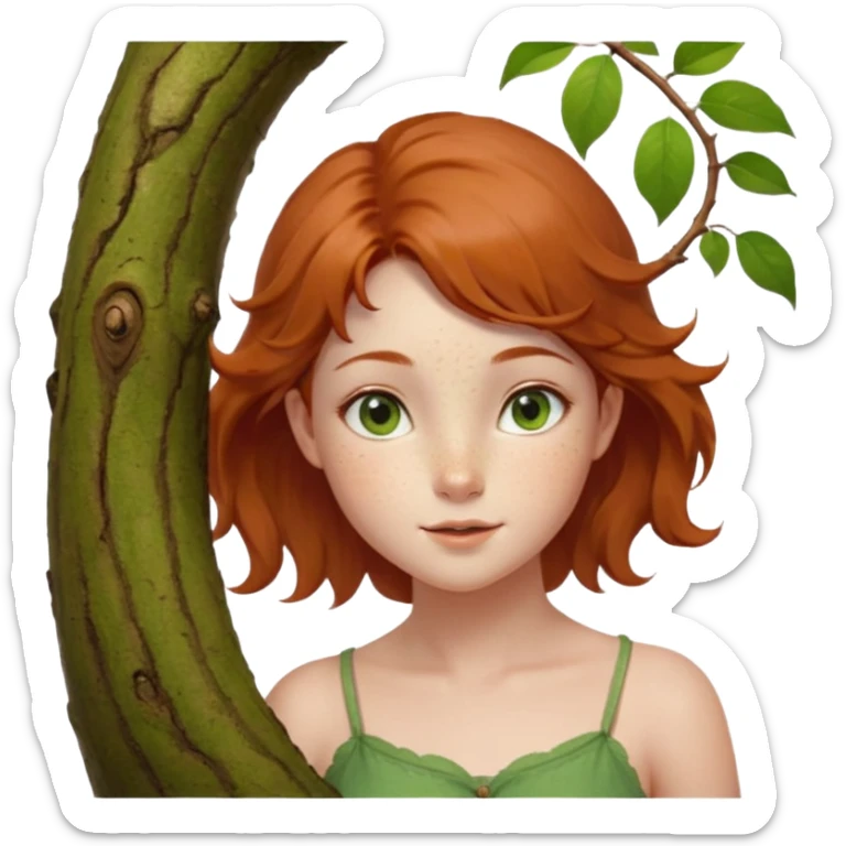 Un petit sapin vert sylvestre, féminin, regard malicieux, tâches de rousseurs délicates, joues roses. Yeux de biche brillants en forme amande, yeux couleur ambre, tronc couleur acajou. Sapin en mouvement, incurvé pour un effet vivant. Style meoji. sticker