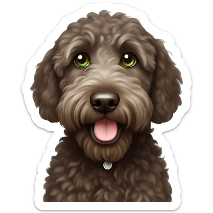Very cute, Disney style, dark brown Labradoodle with green eyes and a little bit of white on her chest sticker