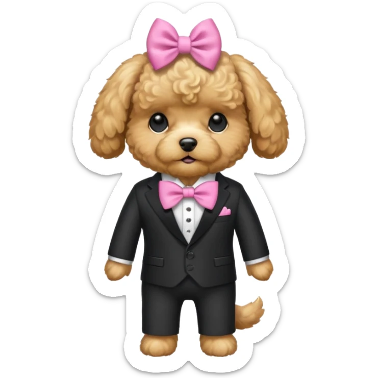 Golden maltipoo dog with pink bow k bow that is very poise make it have a suit on sticker