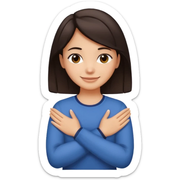 make an emoji of a girl with medium skin and very dark brown hair. her hands are crossed and holding the front of her neck. her face is smiling sticker