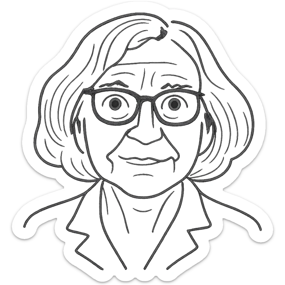 a hand drawn black outline portrait of philosopher Catherine Larrère with similar-sized eyes based a famous portrait of her sticker