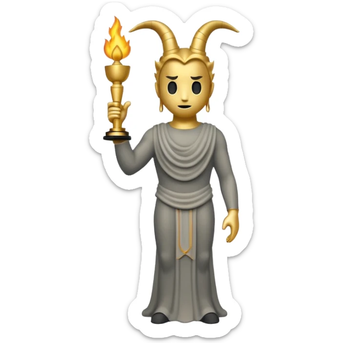 Minimalist emoji-style sticker of a full-body Oscar-like statue in matte gray-gold, with small horns  and faint flames at the base, all in black and muted hues sticker