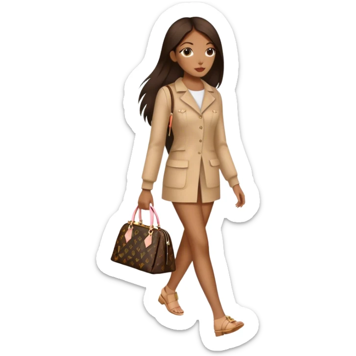  Brown girl with long dark brown medium straight hair carrying one Louis Vuitton purse on her arm while walking  sticker