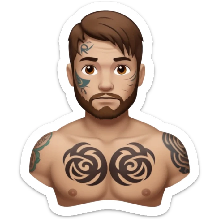 tattoo man, full  white skintone,brown hair, tattoos on face, more visible, bulky man with tattos on his chest, heavy tattoos. sticker
