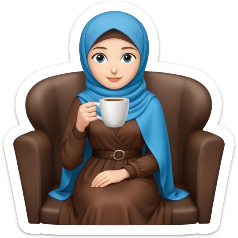 Turkish beautiful finish Konya girl blue eyes with brown hijab long tail dress and sits on the chair on the ground and holds cup coffe with her hand  sticker