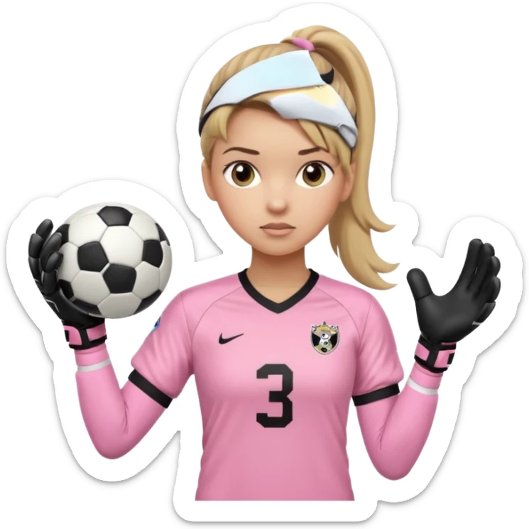 Make a dirty blonde football goalkeeper with goalkeeper gloves on holding a regular  The girl is light skinned and wearing a light pink football. Wearing a ponytail on back of head. Make it without the whole body. With full sleeves. WITHOUT A RUGBY BALL JUST REGULAR BLACK AND WHITE BALL. sticker