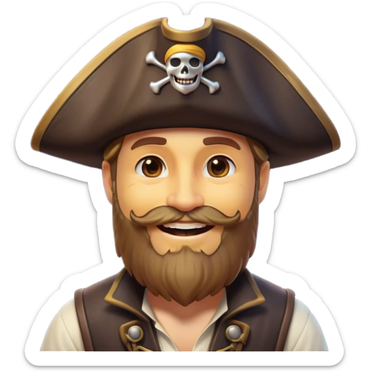Clash of Clans aesthetic Cheerful Pirate Portrait Emoji, With a bright, confident smile and a relaxed yet adventurous posture, showcasing a stylized, rugged build with a classic pirate hat and a neatly groomed beard, his face in natural skin tone, Simplified yet expressive features, highly detailed, glowing with a soft, luminous maritime radiance, high shine, upbeat and daring, stylized with an air of classic swashbuckler allure, soft glowing outline, capturing the essence of a cheerful pirate ready to chart epic voyages! sticker