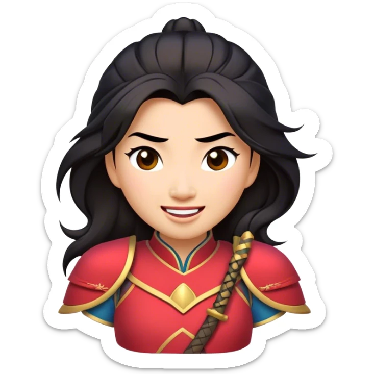 Cinematic Playful Mulan Portrait Emoji, Mid-laugh with a strand of hair falling over her face, adjusting her armor, eyes full of adventure, exuding an irresistible mix of beauty and fun, the perfect blend of warrior and princess! sticker