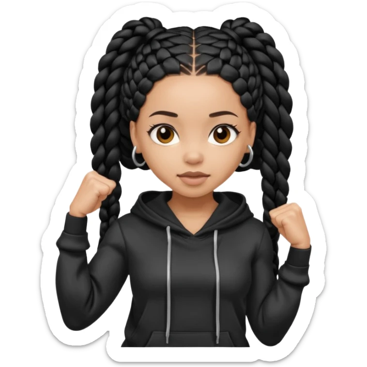 African American light skin girl with long black box braids wearing a plain black hoodie flexing arm muscles sticker