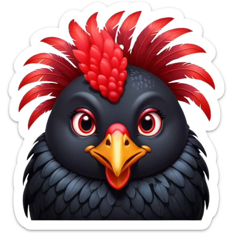 Cinematic Cute Black Chicken Portrait Emoji, Head tilted playfully and inquisitively, featuring sleek, lustrous black feathers and a vibrant red comb, round, sparkling beady eyes filled with curiosity, Simplified yet irresistibly adorable features, highly detailed, glowing with a warm, friendly glow, high shine, affectionate and lively, stylized with a touch of whimsical charm, bright and endearing, soft glowing outline, capturing the essence of a mischievous yet loving chicken, so playful it feels like it could peck out of the screen and into your arms! sticker