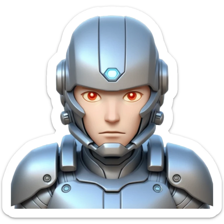 mechanical armored man portrait, head and shoulders only, futuristic metal armor, glowing energy lines, robotic shoulder plates, intense expression, sci-fi warrior vibe, 3D cartoon style, mobile game icon style, clean background, no text, no watermark
  sticker