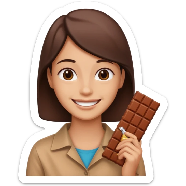 emoji im apple-stil: lachende person mit schokoriegel, freundliche farben, schokolade sichtbar sticker