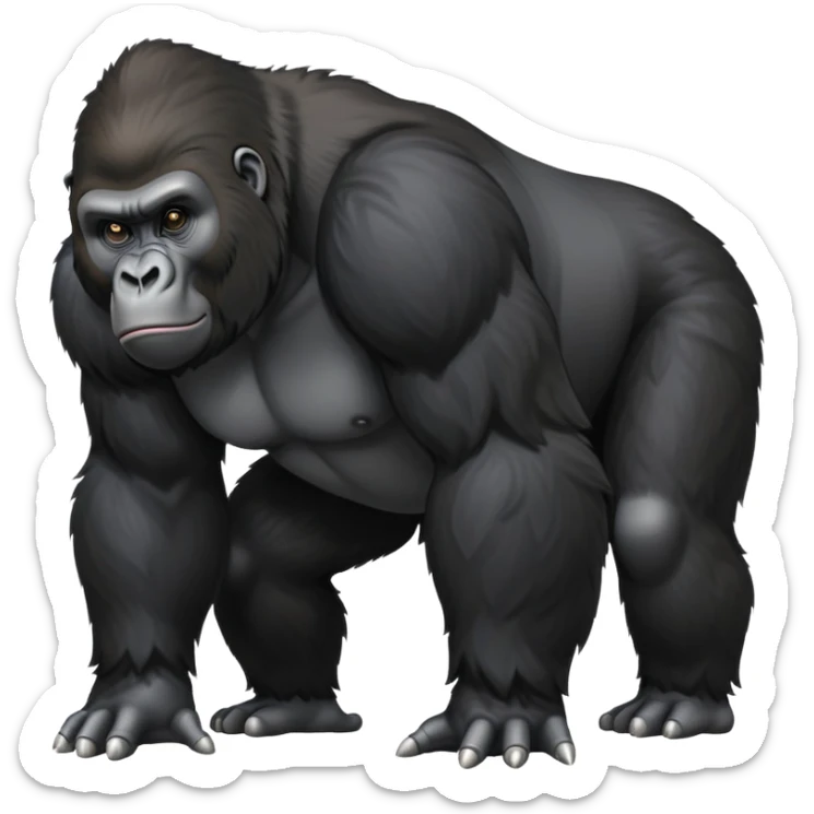 cinematic-gorilla-realistic-full-body-standing on all fours-emoji,-broad-and-powerful-frame-poised-with-confidence,-massive-arms-hanging-slightly-forward,-head-tilted-thoughtfully,-thick-black-fur,-deep-dark-eyes-full-of-intelligence,-simplified-yet-realistic sticker