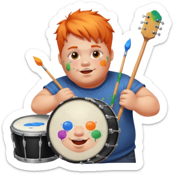 A chubby orange hair fan pounding a bass drum, cheeks puffing with energy with paints on his cheeks sticker