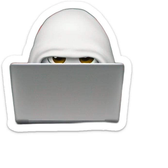a human with a strawberry head with eyes ect sitting in front of a laptop, wearing a balaclava and looking mischievous. sticker