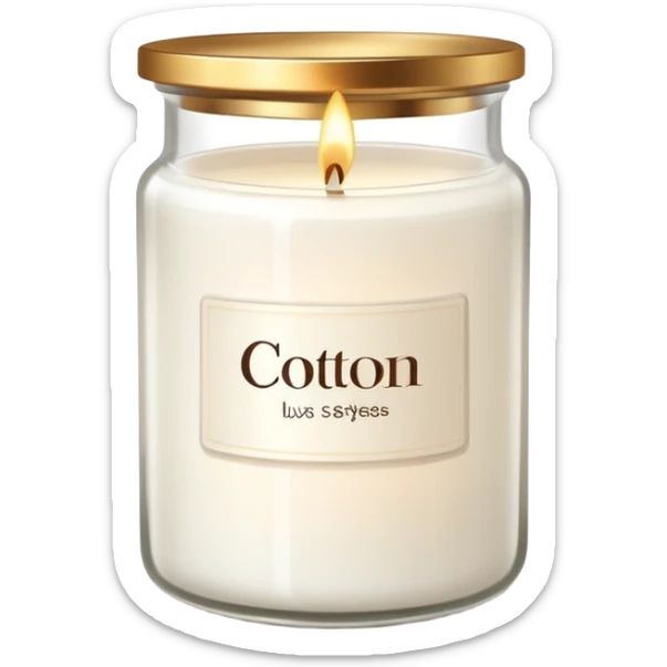 minimal flat emoji of a white scented candle in a glossy white glass jar with the write “cotton”, soft warm glow, clean vector style, elegant and modern, transparent background lux style sticker