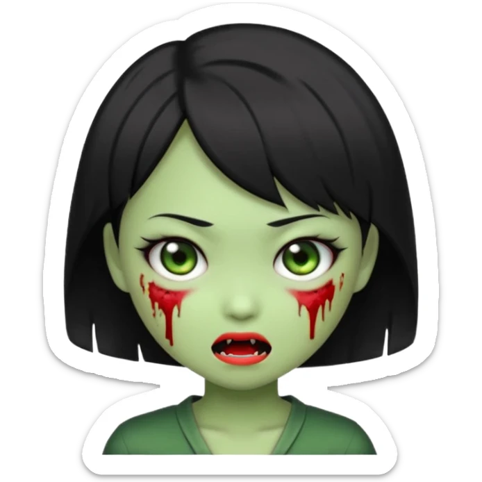 adorable Asian zombie girl emoji, very short Ada Wong inspired black hair, green skin, cute fangs, wink sticker