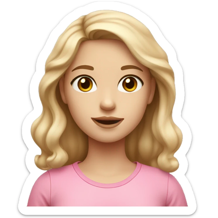 a girl with fair skin tone with a dark blonde slight wavy hair and light pinkish cheeks with colored eyes and a pink shirt sticker