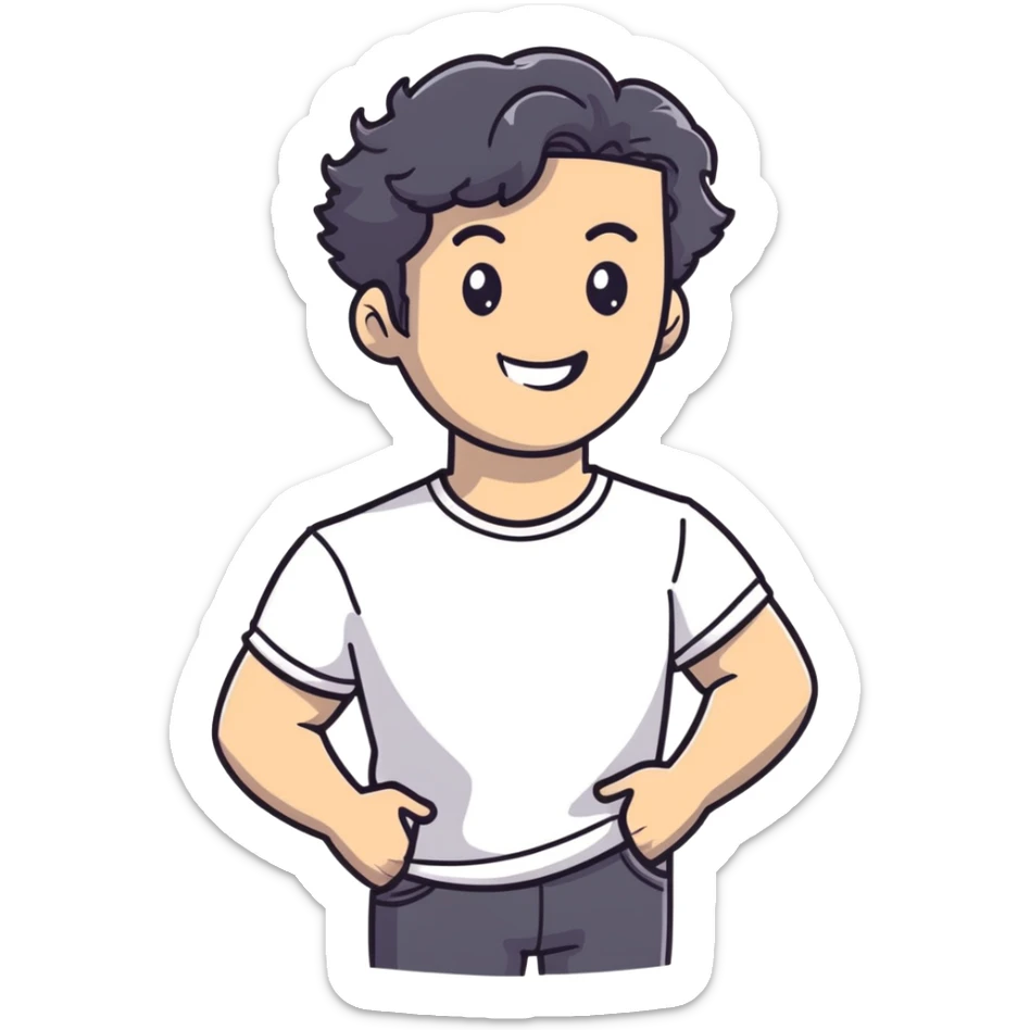 Casual business strategist with black wavy hair, stubble, strong features, white skin, wearing casual Friday outfit with no tie, leaning back relaxed, friendly smile, personal and approachable for Instagram profile sticker