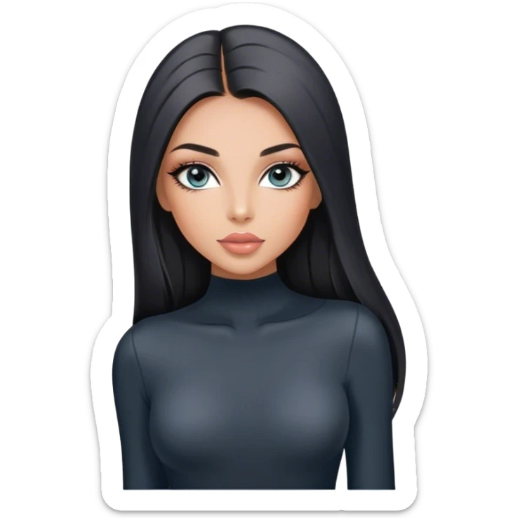 Glamours, tanned, very beautiful girl, with big pump peach-beige-rose lips, long long lashes, black straight smooth silky long hair, straight parting hair, blue-grey eyes in black long-sleeves bodysuit sticker