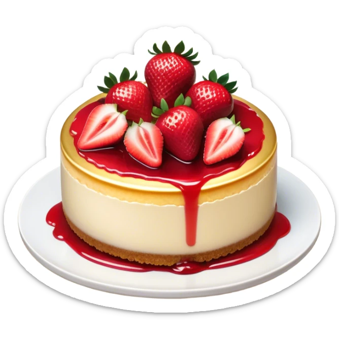 Cinematic creamy cheesecake, smooth and velvety, topped with fresh strawberries and a glossy fruit glaze, golden crumbly crust, beautifully plated, soft glowing background, indulgent and elegant. sticker