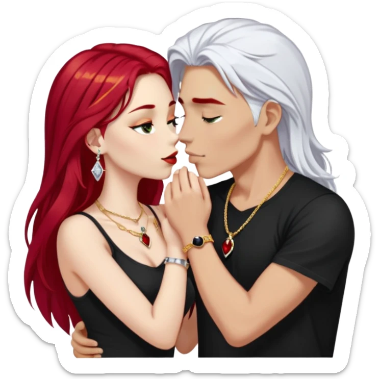 close-up of young couple kissing, girl with long cherry red hair and blonde eyebrows, gold A necklace, diamond ring, red bracelet, boy with stark white hair, silver ring with black stone, dark t-shirt sticker