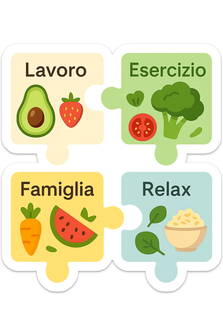 Puzzle (Lavoro, Esercizio, Famiglia, Relax), and healthy foods are integrated into each piece. in italiano sticker