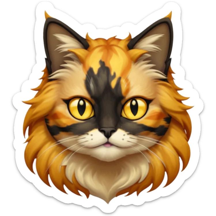long hair tortoiseshell cat with a black face and yellow lightning mark above left eye sticker