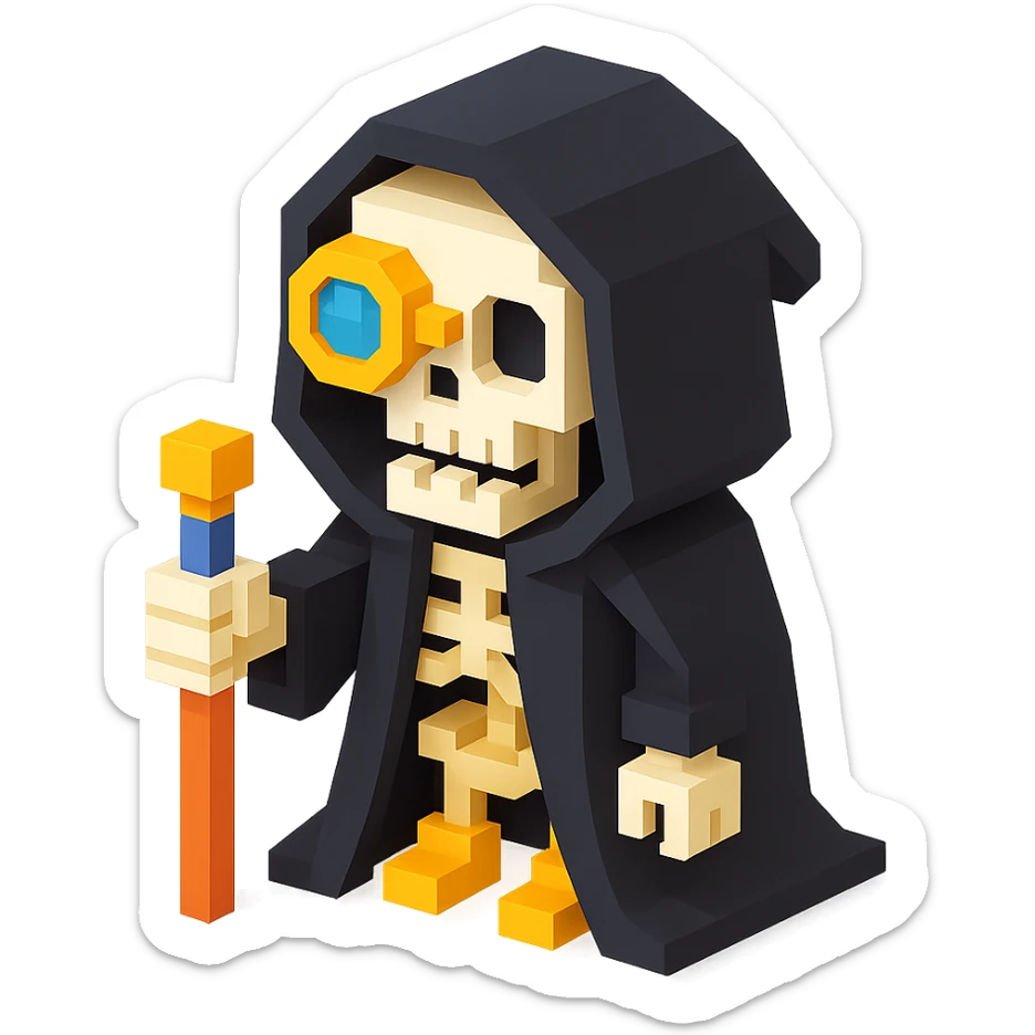 a skeleton man wearing a dark black cloak with steampunk vibes, voxel style sticker