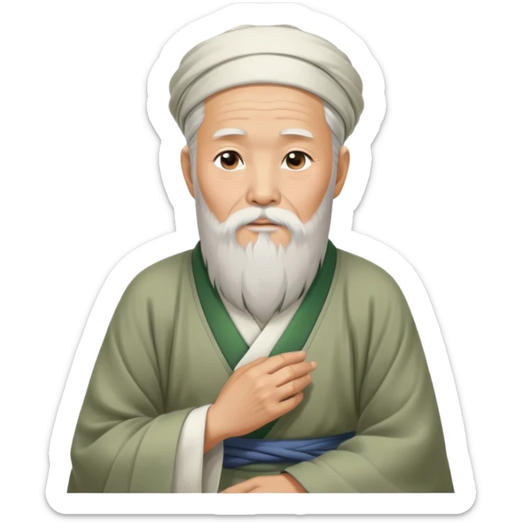 Old oriental sage with white beard and traditional Chinese clothing in contemplative pose, looking thoughtful with hand on chin sticker